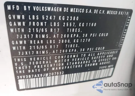 2018 Volkswagen Tiguan Se/Sel from USA, damaged, VIN 3VV3B7AX9JM207532